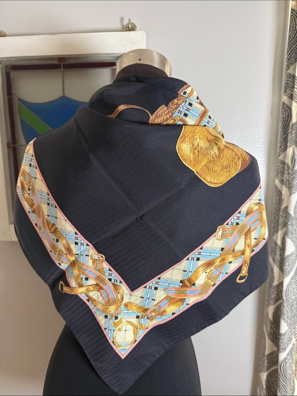 Vintage Italian 100% Silk Equestrian Print Scarf – Black & Gold